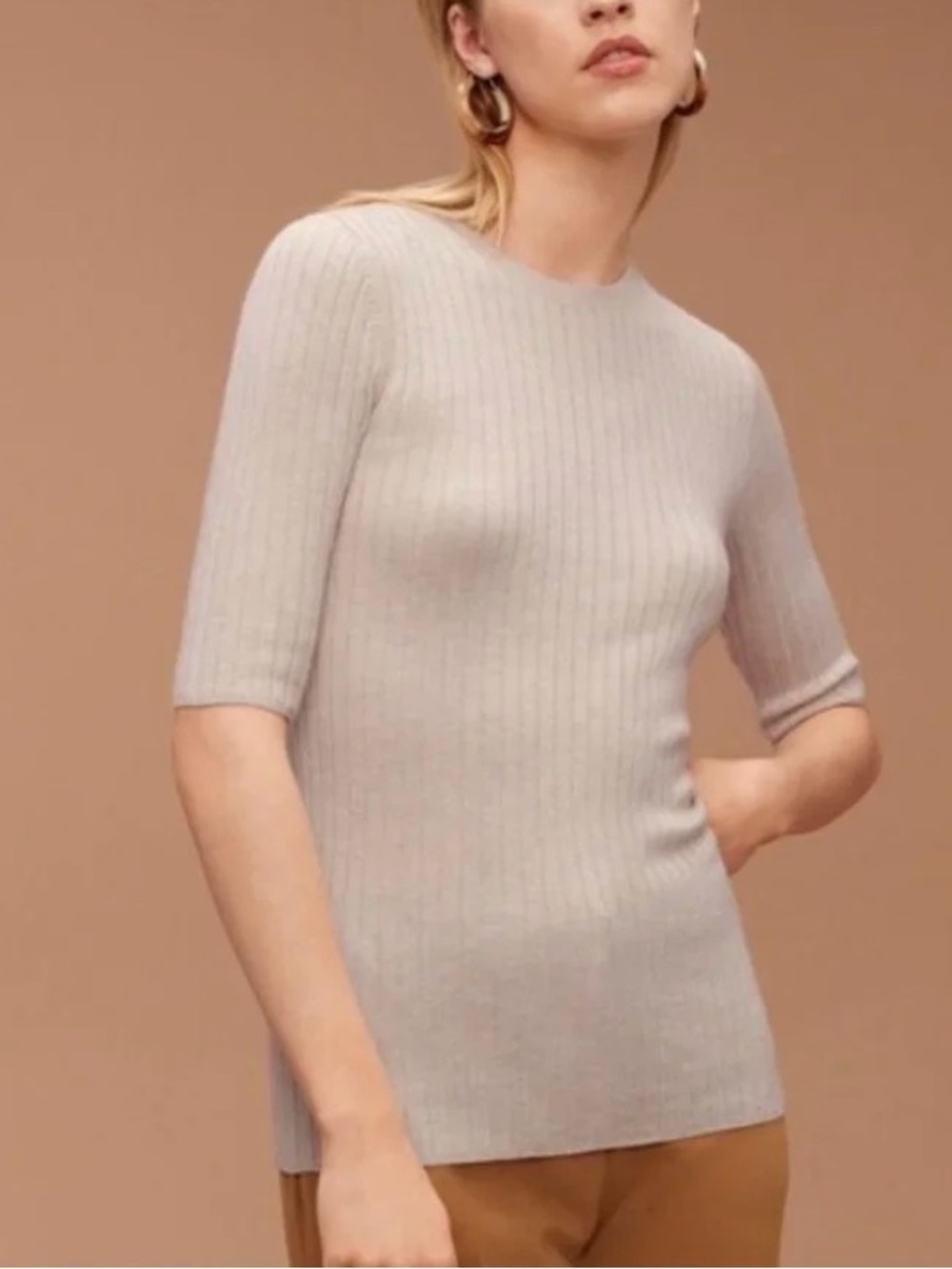 Aritzia Babaton Clifton Sweater Heather Birch Ribbed Silk Blend  Short Sleeve S